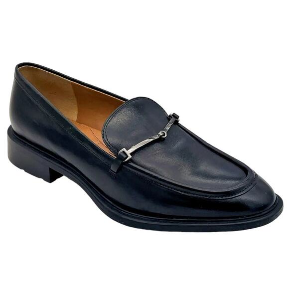 Franco Sarto Eda Leather Classic Slip-On Loafers with Metal Strap Detail Black 9 - Picture 1 of 9